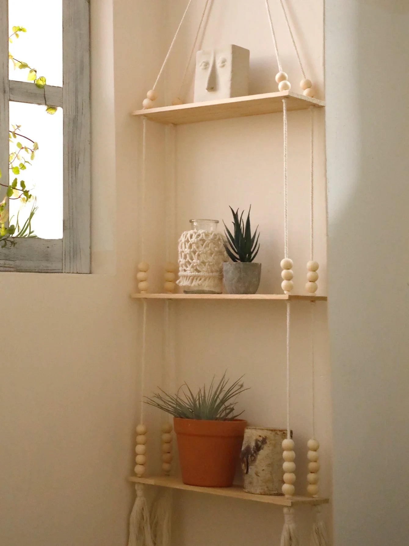 Rustic Wooden Wall Shelf with Hanging Plant Storage