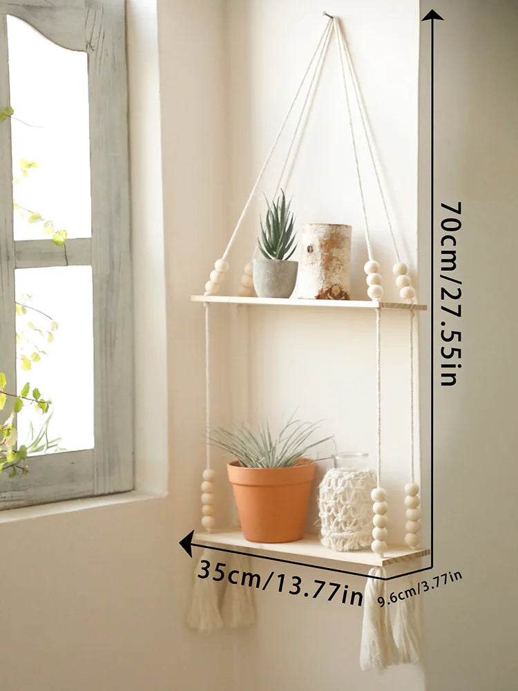 Rustic Wooden Wall Shelf with Hanging Plant Storage
