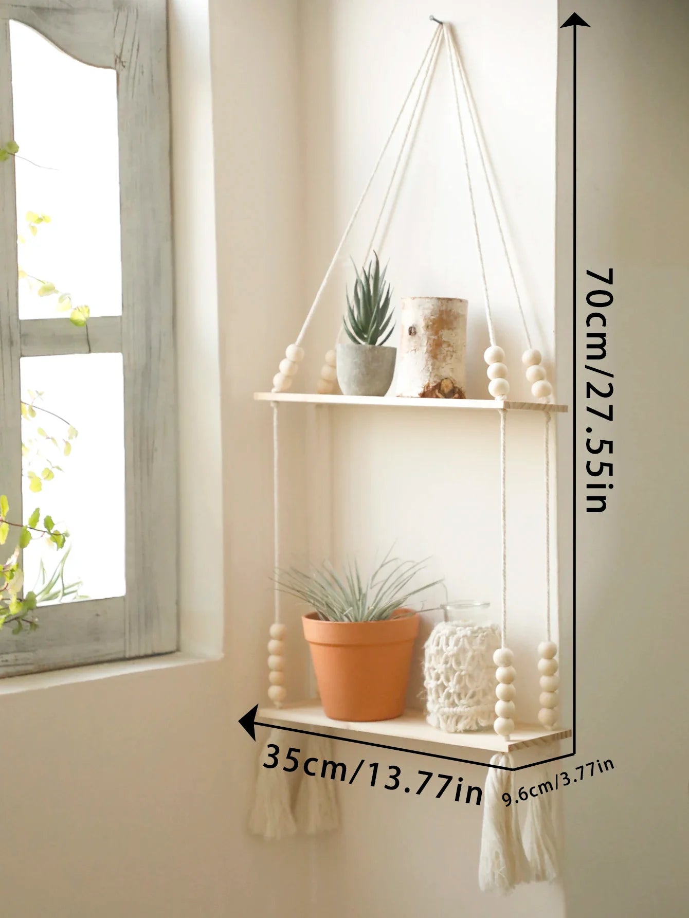 Rustic Wooden Wall Shelf with Hanging Plant Storage - KK107-M01753
