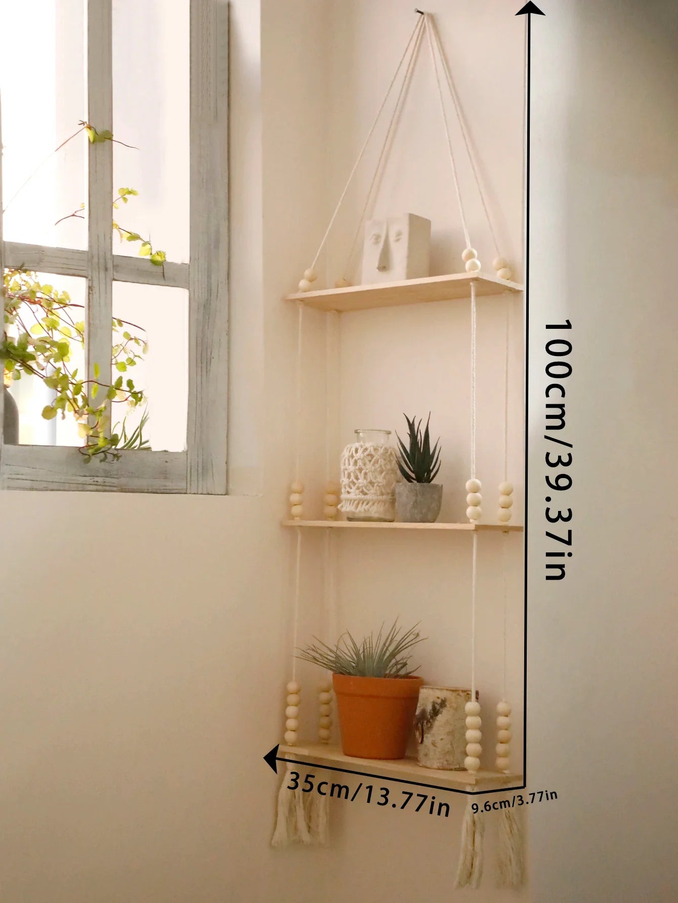 Rustic Wooden Wall Shelf with Hanging Plant Storage - KK107-M01754