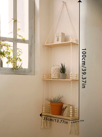 Rustic Wooden Wall Shelf with Hanging Plant Storage - KK107-M01754