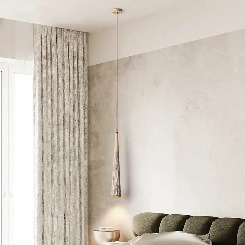 Rustic woven grayish brown designer pendant lamps collection bedroom with copper-toned rod and textured gray tassel decorbites designer pendant