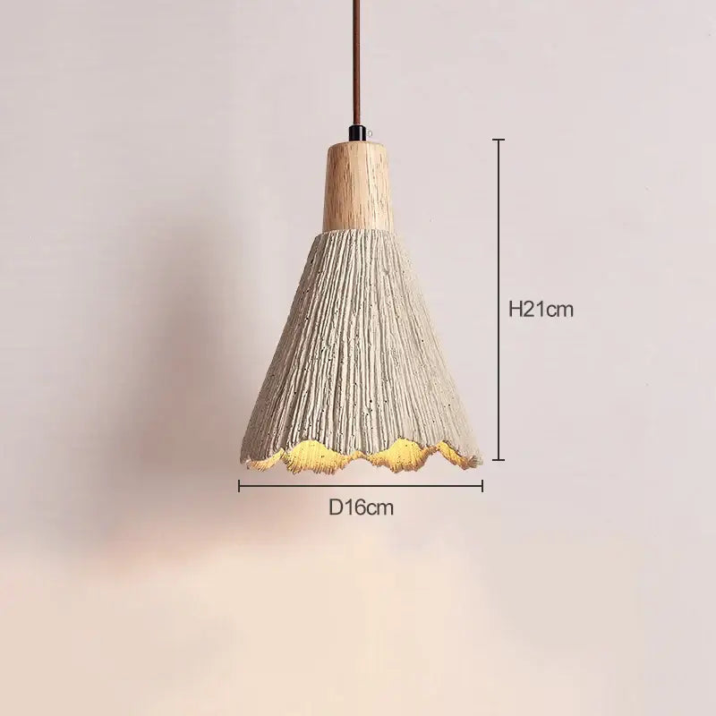 A beige textured cone-shaped designer pendant lamp with wooden top and golden scalloped edge from decorbites pendant lamps collection