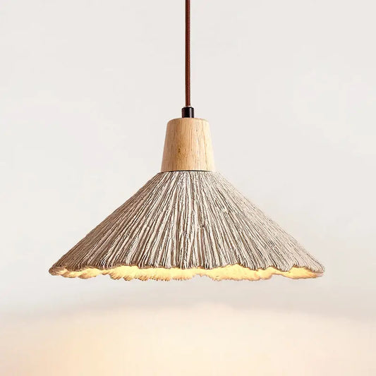 A warm-toned conical pendant lamp with a textured woven grayish brown shade and natural wood top from decorbites designer pendant lamps collection
