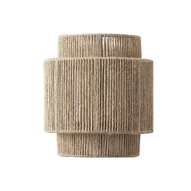 Beige woven rope lampshade with tiered cylindrical design rustic decorbites hemp rope wall lights for bedroom sconce