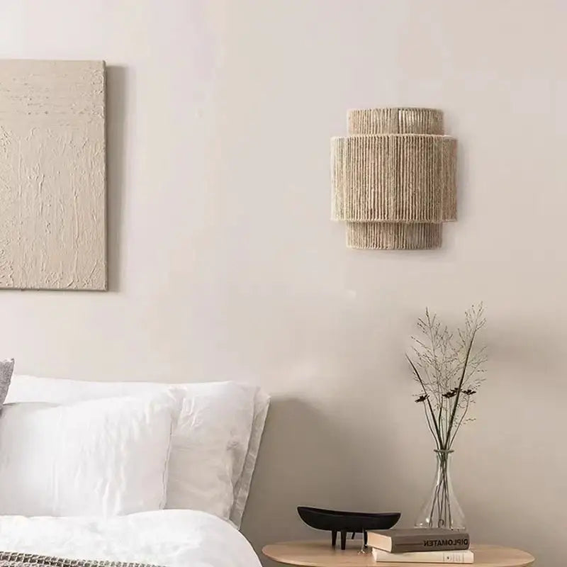 Beige tiered cylindrical hemp rope wall sconce decorbites wall lights for rustic bedroom decor