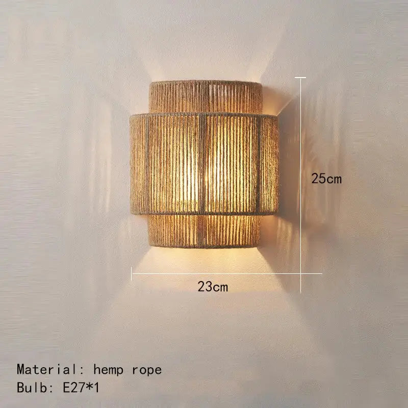 Rustic woven hemp rope wall lights in warm tones featuring a layered cylindrical design for bedroom decorbites hemp rope