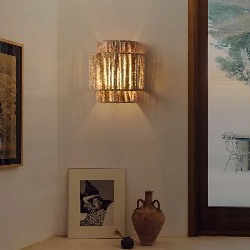 Warm-toned rustic woven hemp rope wall lights featuring cylindrical natural fiber sconce for bedroom decorbites hemp rope