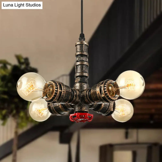 Rustic Wrought Iron 4-Light Pendant Chandelier - Antique Brass Finish for Water Pipe Restaurant