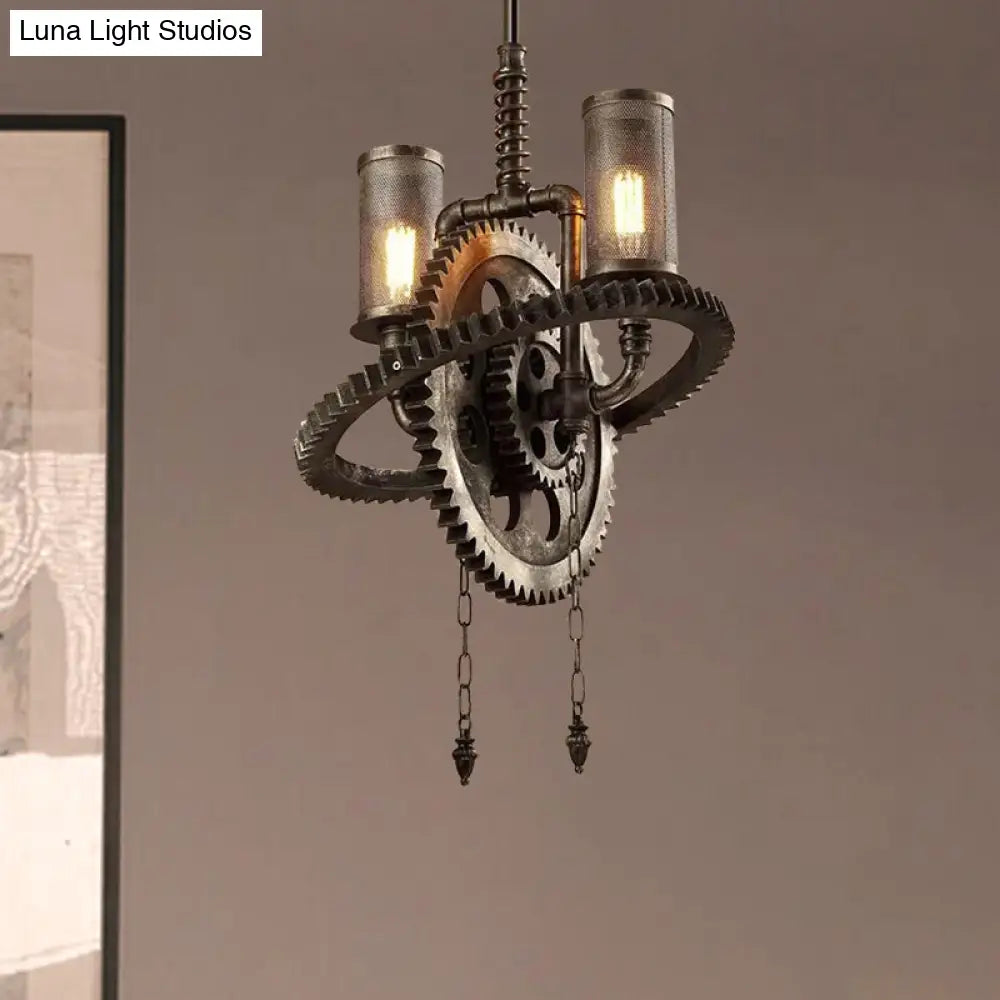 Rustic Wrought Iron Bronze Chandelier with Gear-inspired Design - 2 Lights and Cylinder Mesh Shade