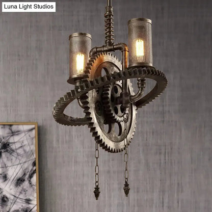 Rustic Wrought Iron Bronze Chandelier with Gear-inspired Design - 2 Lights and Cylinder Mesh Shade
