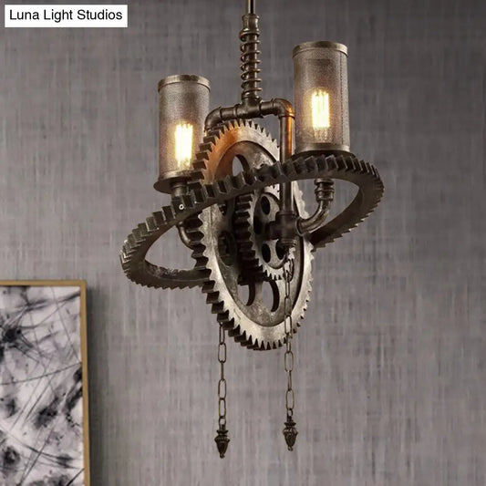 Rustic Wrought Iron Bronze Chandelier with Gear-inspired Design - 2 Lights and Cylinder Mesh Shade