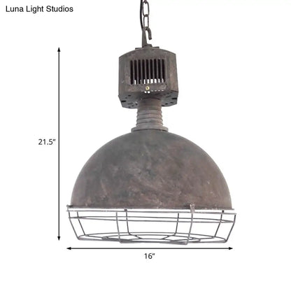 Rustic Wrought Iron Dome Pendant Light with Wire Guard - Restaurant Hanging Lamp in Grey