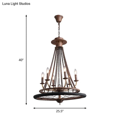 Rustic Wrought Iron Wheel Chandelier - Farmhouse Style Indoor Ceiling Lamp with 6 Lights, Candle, and Chain