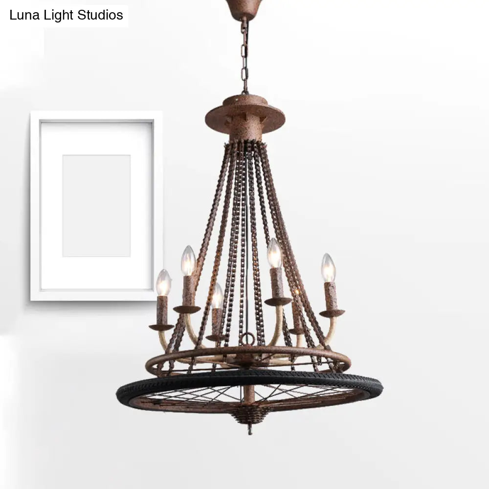 Rustic Wrought Iron Wheel Chandelier - Farmhouse Style Indoor Ceiling Lamp with 6 Lights, Candle, and Chain
