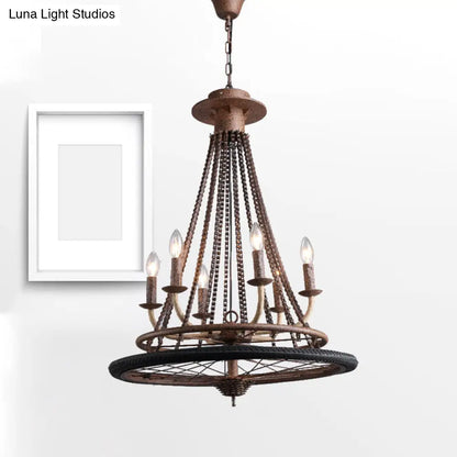Rustic Wrought Iron Wheel Chandelier - Farmhouse Style Indoor Ceiling Lamp with 6 Lights, Candle, and Chain