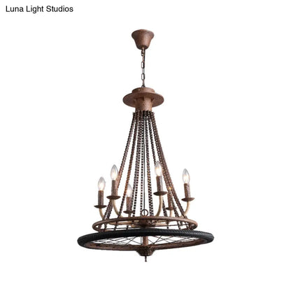 Rustic Wrought Iron Wheel Chandelier - Farmhouse Style Indoor Ceiling Lamp with 6 Lights, Candle, and Chain