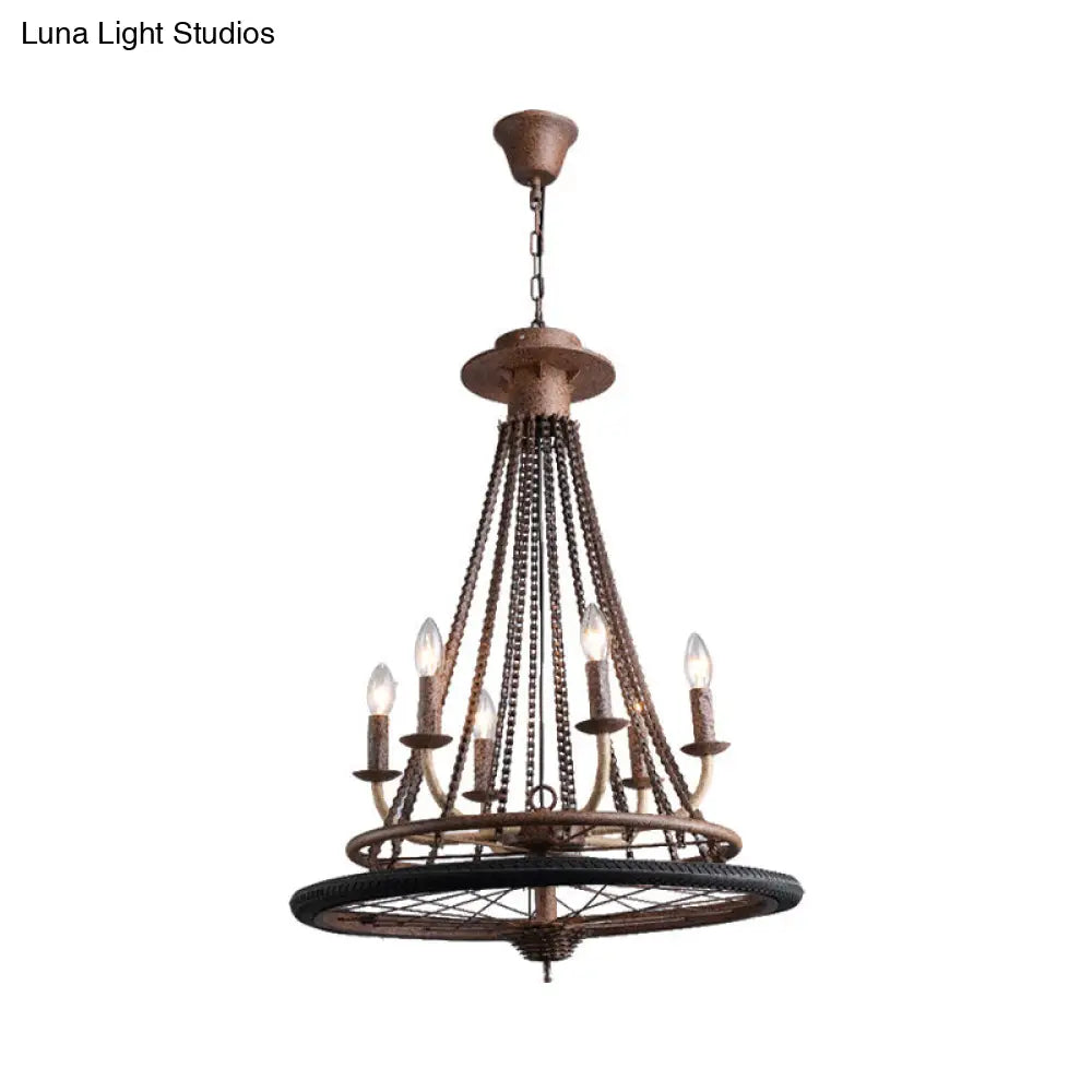Rustic Wrought Iron Wheel Chandelier - Farmhouse Style Indoor Ceiling Lamp with 6 Lights, Candle, and Chain