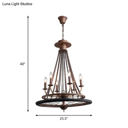 Rustic Wrought Iron Wheel Chandelier - Farmhouse Style Indoor Ceiling Lamp with 6 Lights, Candle, and Chain
