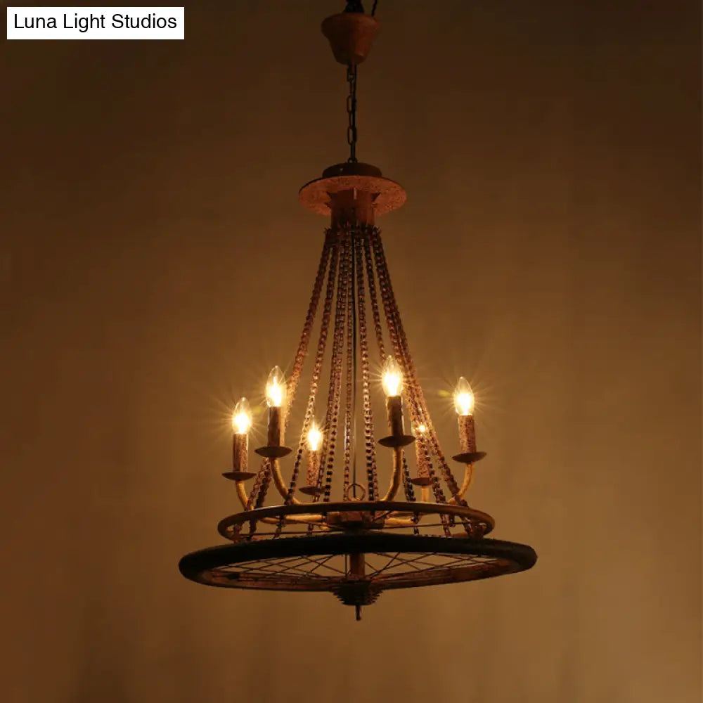 Rustic Wrought Iron Wheel Chandelier - Farmhouse Style Indoor Ceiling Lamp with 6 Lights, Candle, and Chain