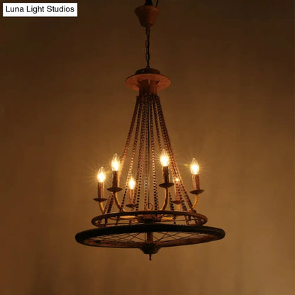 Rustic Wrought Iron Wheel Chandelier - Farmhouse Style Indoor Ceiling Lamp with 6 Lights, Candle, and Chain