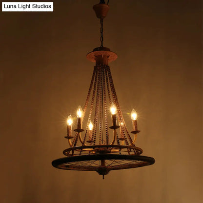 Rustic Wrought Iron Wheel Chandelier - Farmhouse Style Indoor Ceiling Lamp with 6 Lights, Candle, and Chain
