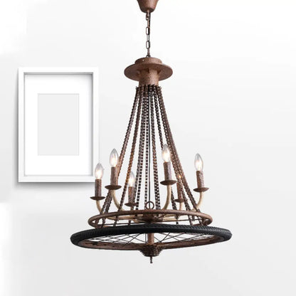 Rustic Wrought Iron Wheel Chandelier - Farmhouse Style Indoor Ceiling Lamp with 6 Lights, Candle, and Chain