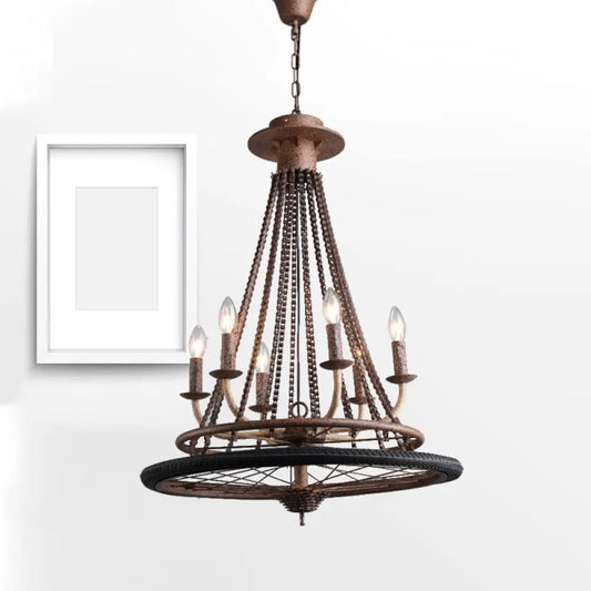 Rustic Wrought Iron Wheel Chandelier - Farmhouse Style Indoor Ceiling Lamp with 6 Lights, Candle, and Chain