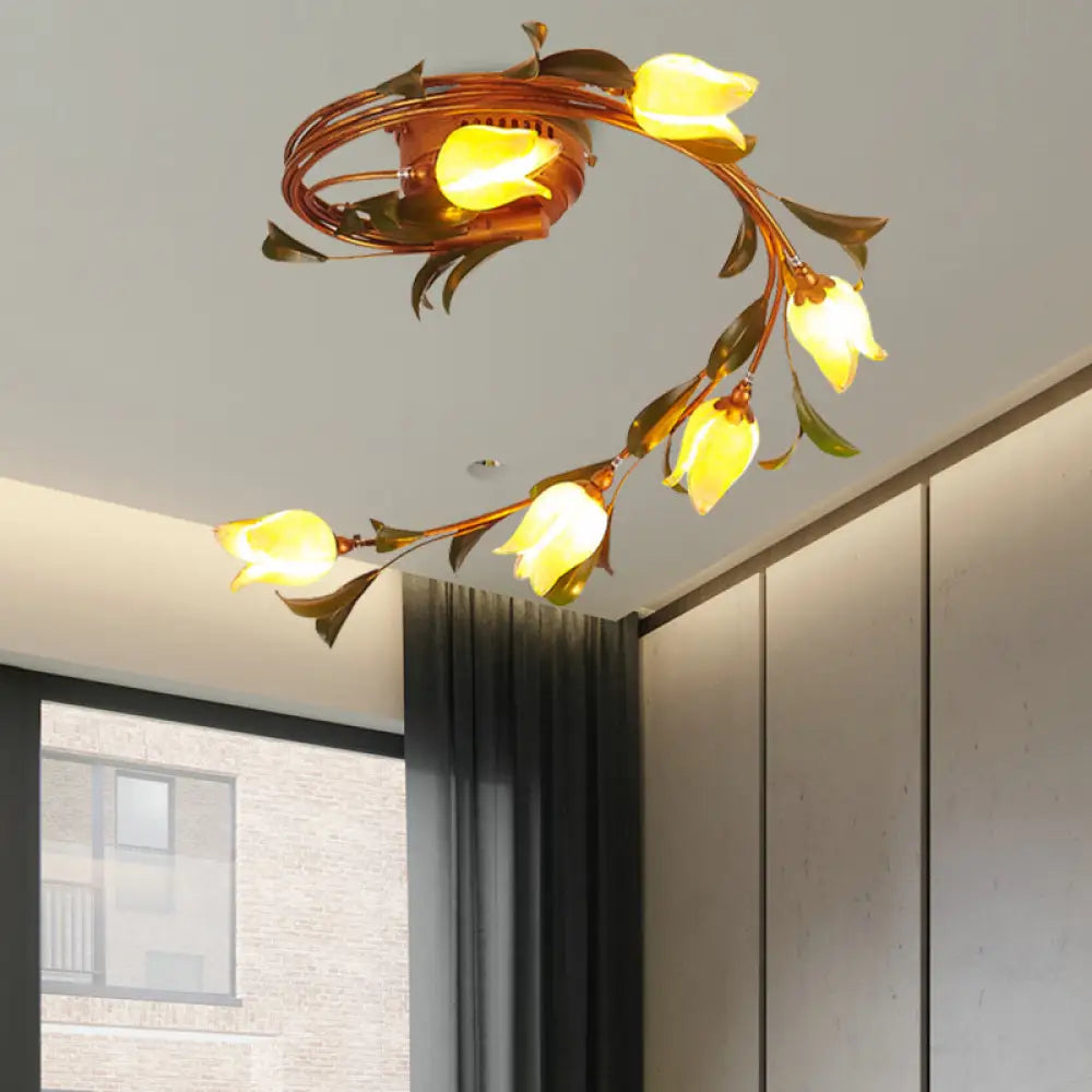 Rustic Yellow Glass Twist Ceiling Light Fixture - 6-Light Brass Semi-Flush Mount for Bedrooms