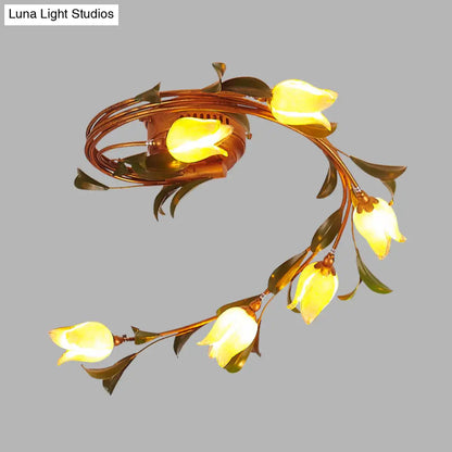 Rustic Yellow Glass Twist Ceiling Light Fixture - 6-Light Brass Semi-Flush Mount for Bedrooms