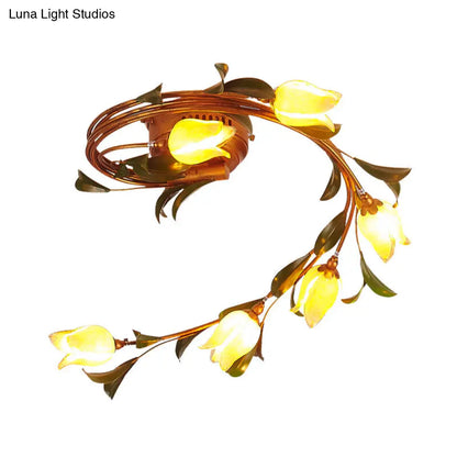 Rustic Yellow Glass Twist Ceiling Light Fixture - 6-Light Brass Semi-Flush Mount for Bedrooms