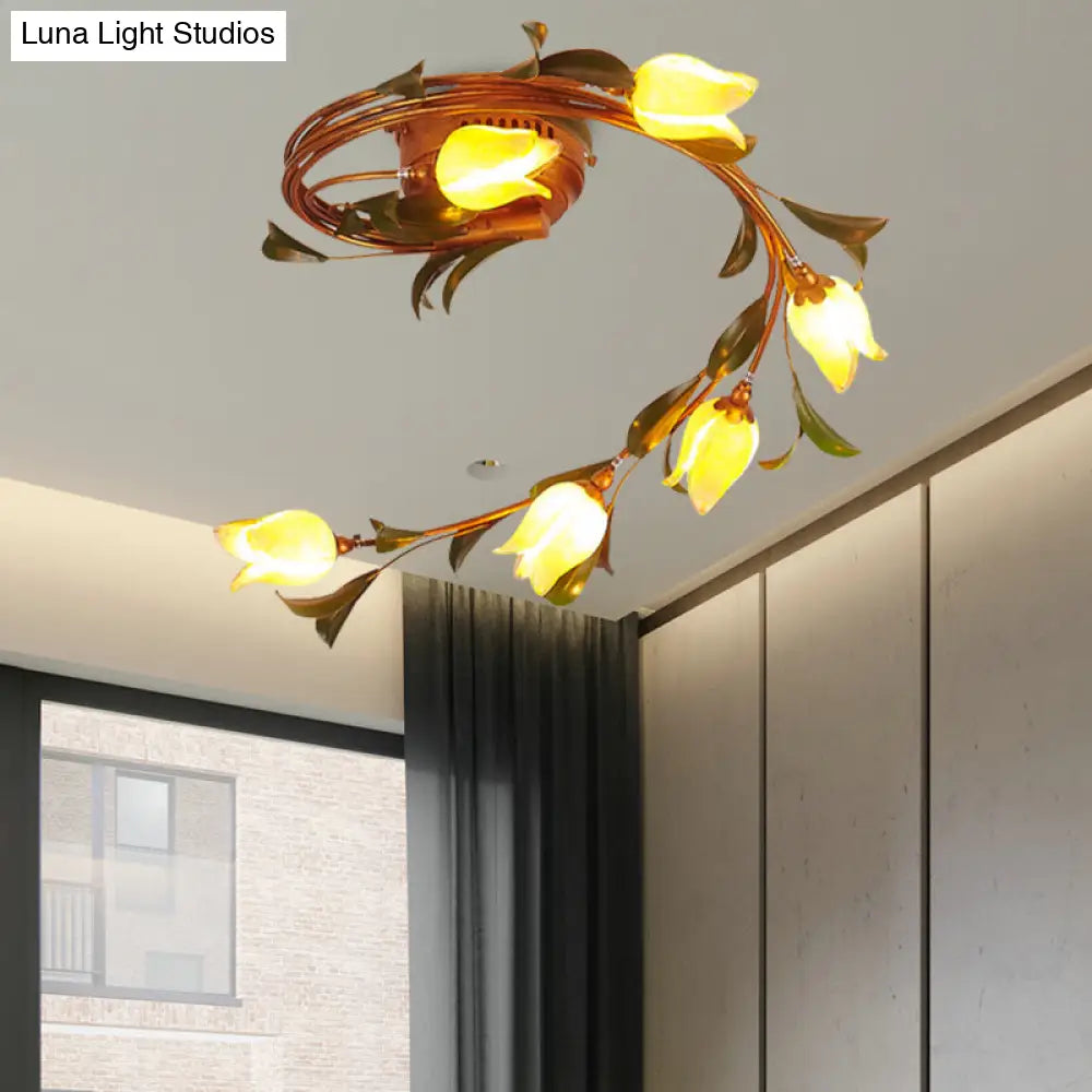 Rustic Yellow Glass Twist Ceiling Light Fixture - 6-Light Brass Semi-Flush Mount for Bedrooms