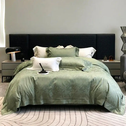 Elegant sage green 1000tc lyocell cotton bedding set with floral embroidery and delicate lace trim by decorbites
