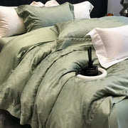 Elegant sage green satin bedding set with floral lace trim in decorbites 1000tc lyocell cotton for bedroom decor