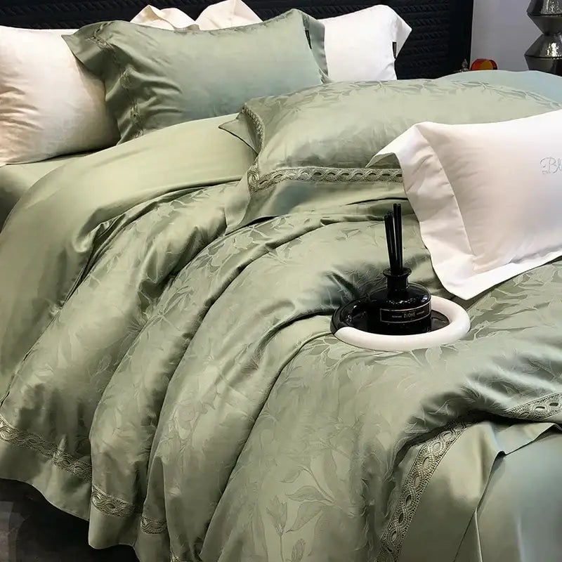 Elegant sage green satin bedding set with floral lace trim in decorbites 1000tc lyocell cotton for bedroom decor