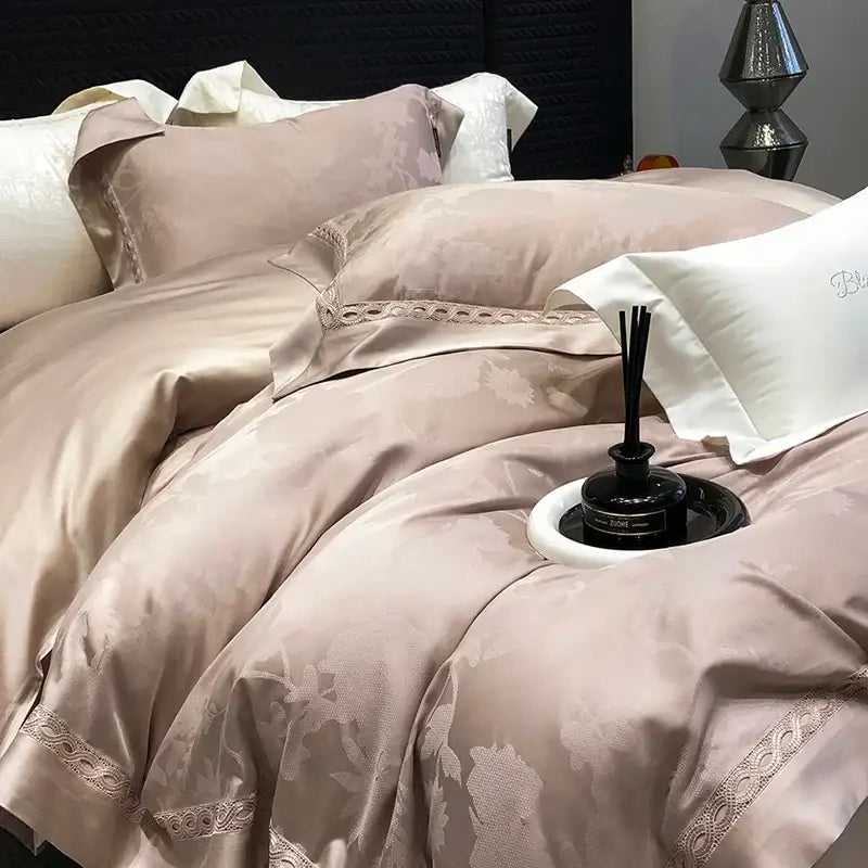 Beige satin bedding set with subtle floral embroidery and lace trim in sage green decorbites 1000tc lyocell cotton