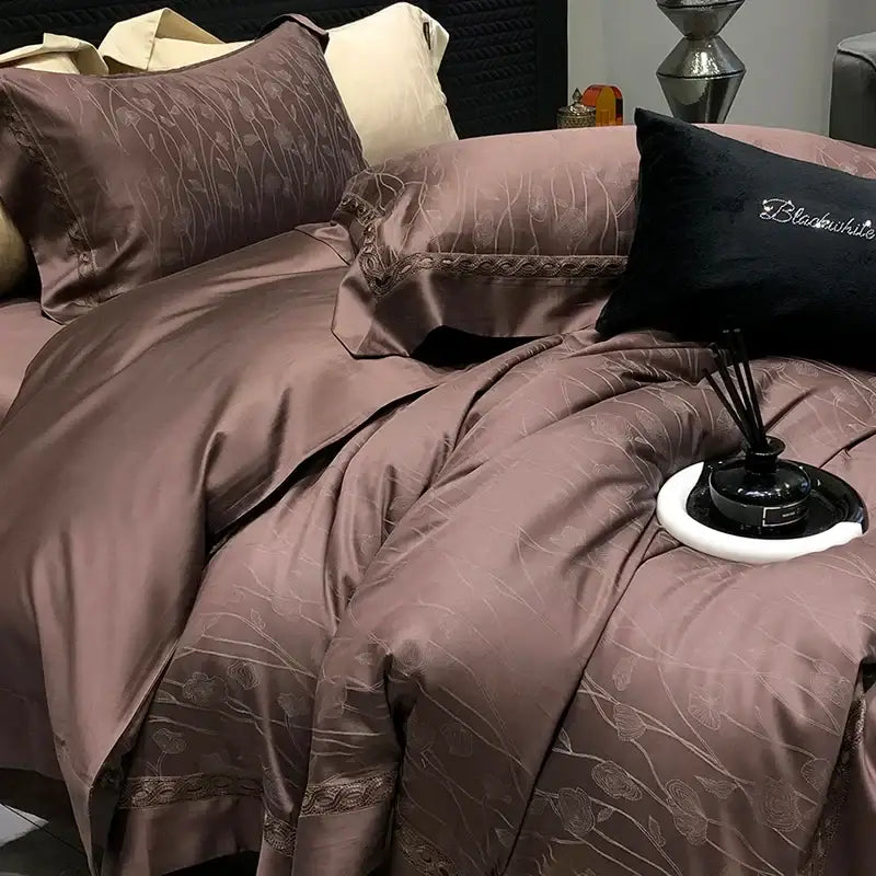 Luxurious mauve satin duvet bedding set with embroidered floral patterns and lace trim decorbites 1000tc lyocell cotton