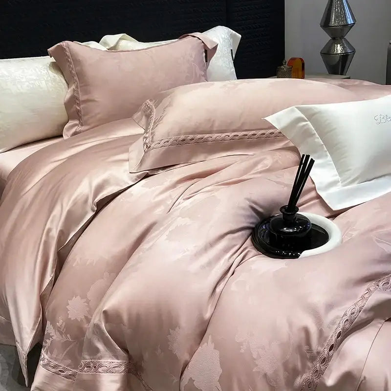 Pink satin bedding set with floral embroidery and lace trim featuring decorbites 1000tc lyocell cotton material