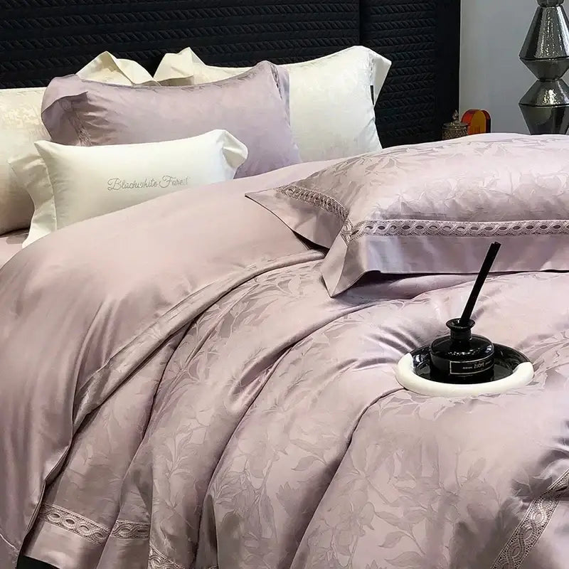A soft lavender satin duvet cover with floral lace trim in a sage green 1000tc lyocell cotton bedding set decorbites