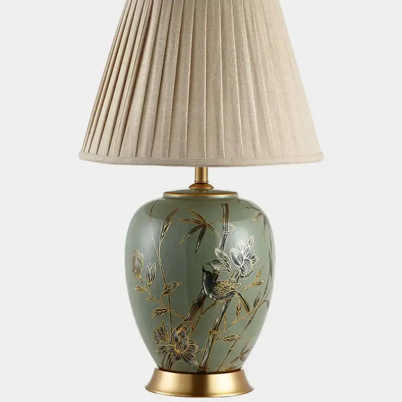 Sage green american style ceramic table lamp with gold-leaf bird and bamboo decorbites american style motifs