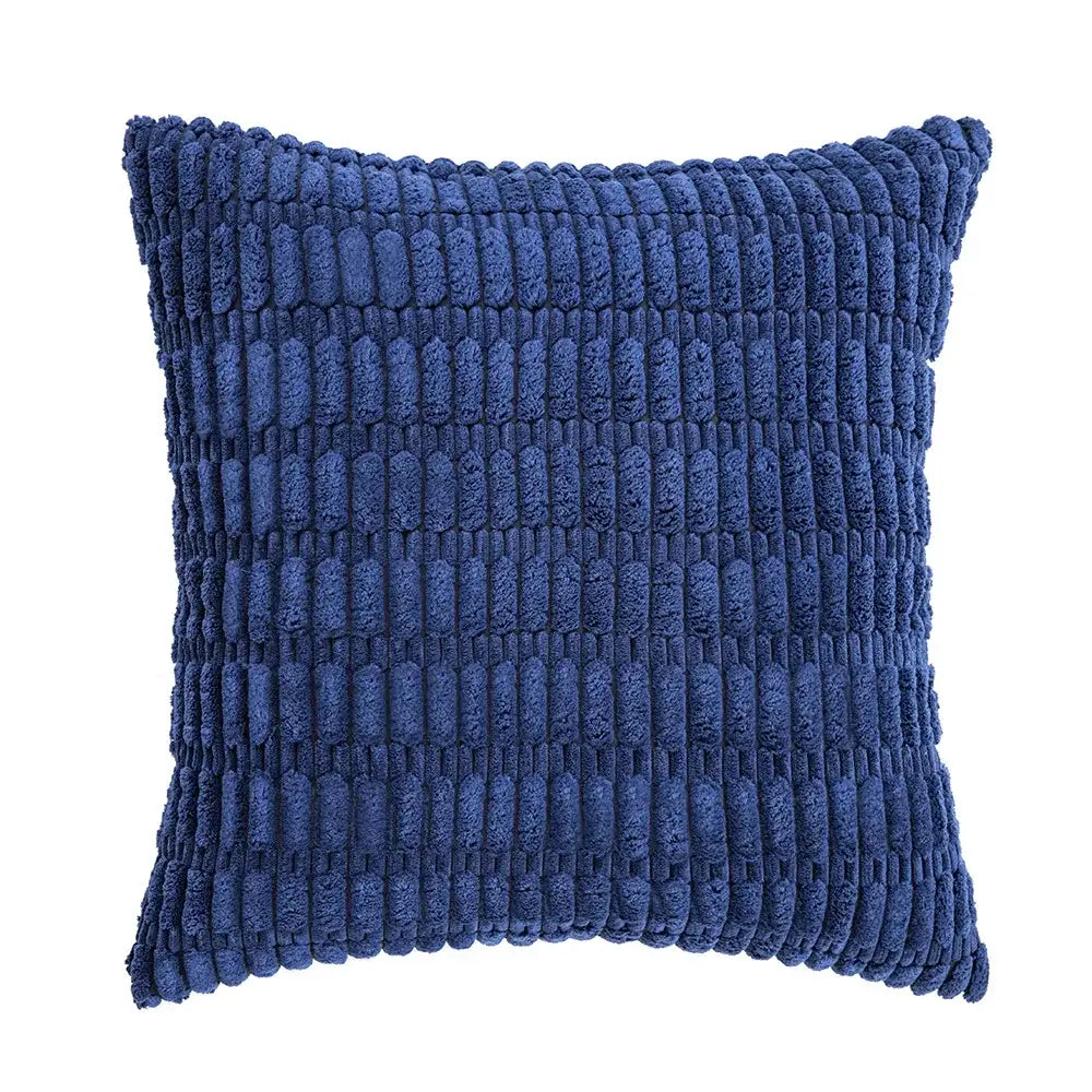 Deep blue corduroy velvet throw pillow with ribbed texture in a sage green corduroy pillowcase set of 2 cushions