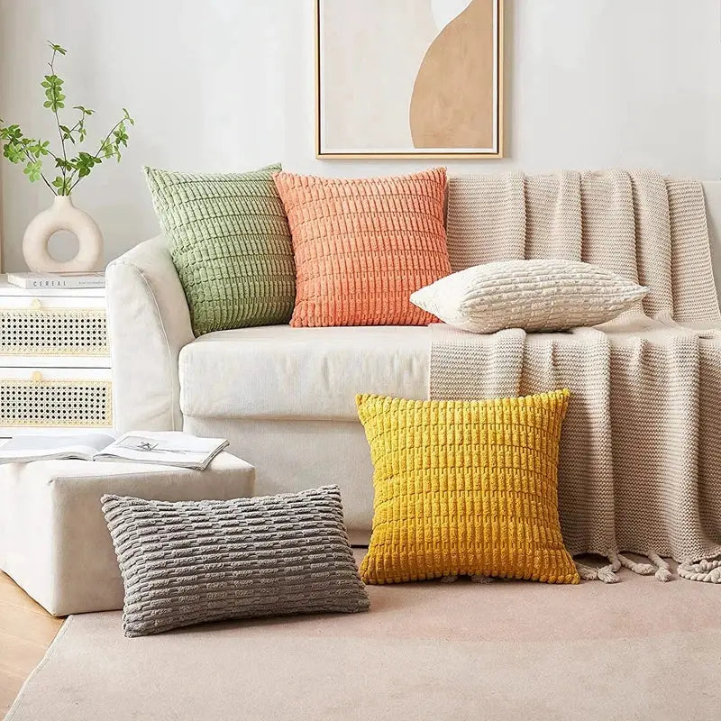 Set of five textured throw pillows including sage green corduroy velvet and multicolor cushion pillowcase set for living room