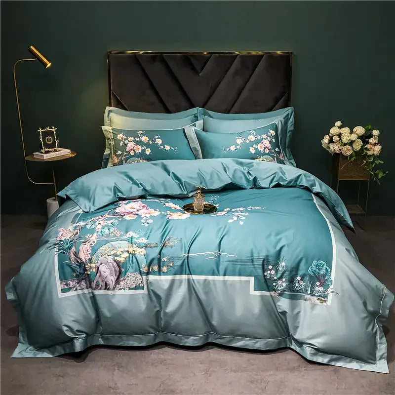 Teal satin bedding set with intricate floral and landscape embroidery in soft pastels for decorbites 1400tc egyptian cotton luxury