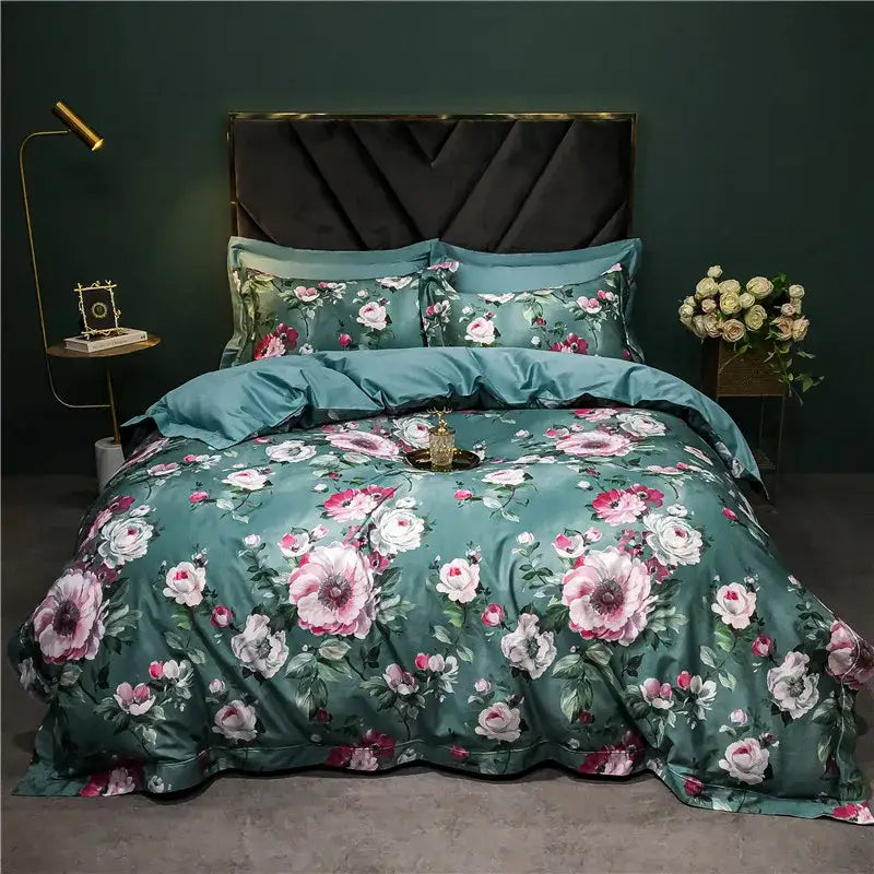 Teal floral duvet bedding set with pink and white roses on satin fabric for decorbites 1400tc egyptian cotton bedroom