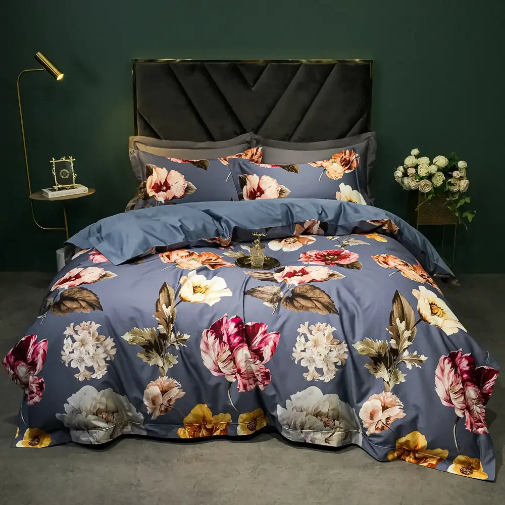 Blue floral duvet set with vibrant pink white yellow blossoms on satin fabric in sage green cream decorbites 1400tc egyptian cotton bedding set