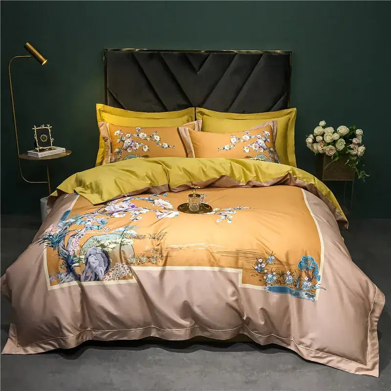 The duvet cover of the sage green and cream decorbites 1400tc egyptian cotton bedding set features satin-like fabric with floral embroidery