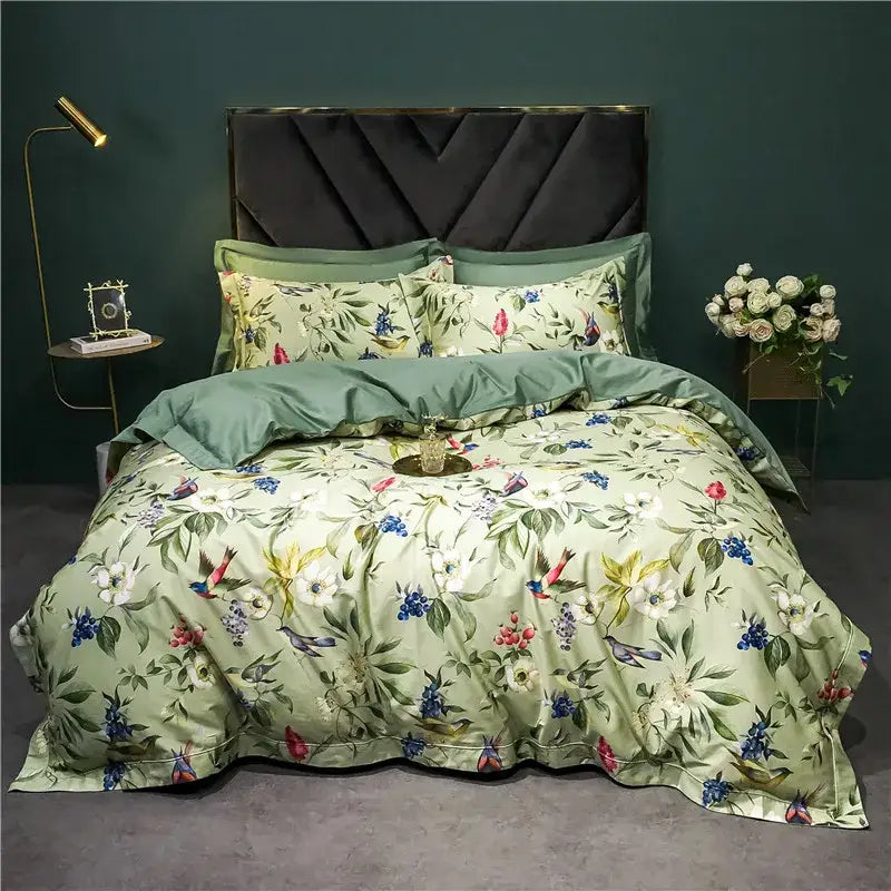 Sage green and cream bird floral bedding set in soft satin 1400tc Egyptian cotton by decorbites for bedroom use