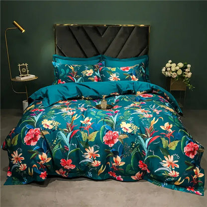 Teal floral duvet bedding set with vibrant blossoms on green background in decorbites 1400tc egyptian cotton
