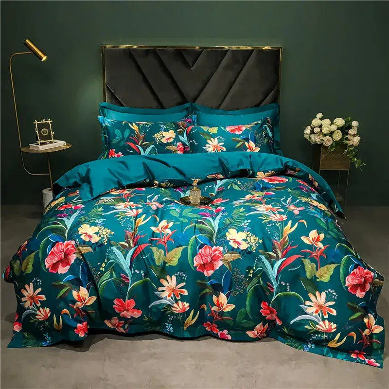 Teal floral duvet bedding set with vibrant blossoms on green background in decorbites 1400tc egyptian cotton