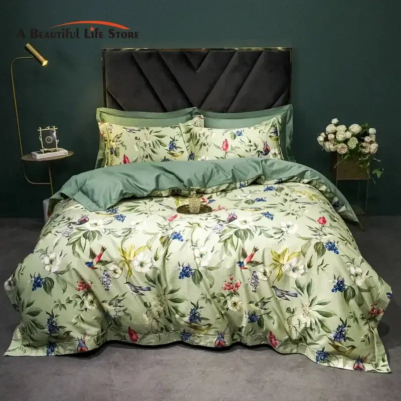 Linen-textured sage green and cream bird floral bedding set in decorbites 1400tc egyptian cotton for bedroom use